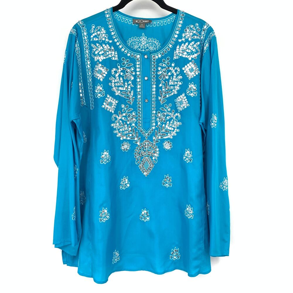 Go Silk Tunic Women XL Turquoise Blue Embroidered Beaded Boho Silk Blouse
